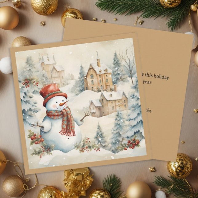 Vintage Snowman Snowy Village Christmas Holiday (Vintage snowman square Christmas greeting card)