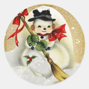 Vintage Snowman with Gold Glitter Christmas  Class Classic Round Sticker