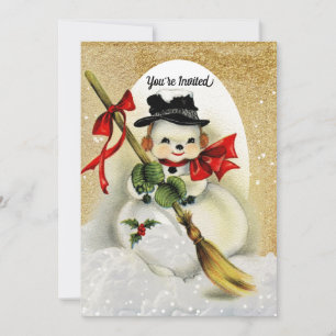 Vintage Snowman with Gold Glitter Christmas Party Invitation