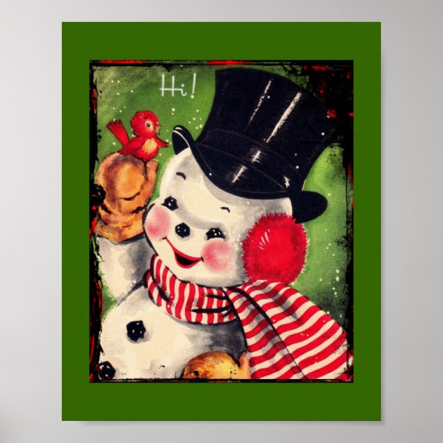 Vintage Snowman with Red Bird Poster (Front)