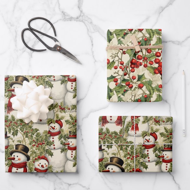 Vintage Snowmen And Holly  Wrapping Paper Sheet (Front)
