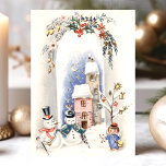 Vintage Snowmen Angel Boy Courier Christmas Holiday Card<br><div class="desc">Vintage Snowmen Angel Boy Courier Christmas Holiday Car. This design features two snowmen and an angel boy courier. What a beautiful retro holiday scene. Personalise this custom design with your own inside greeting.</div>