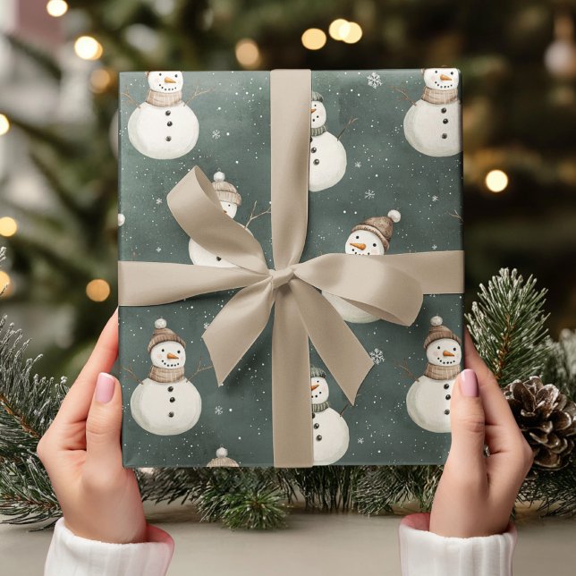 Vintage Snowmen on Sage Green  Wrapping Paper (Creator Uploaded)