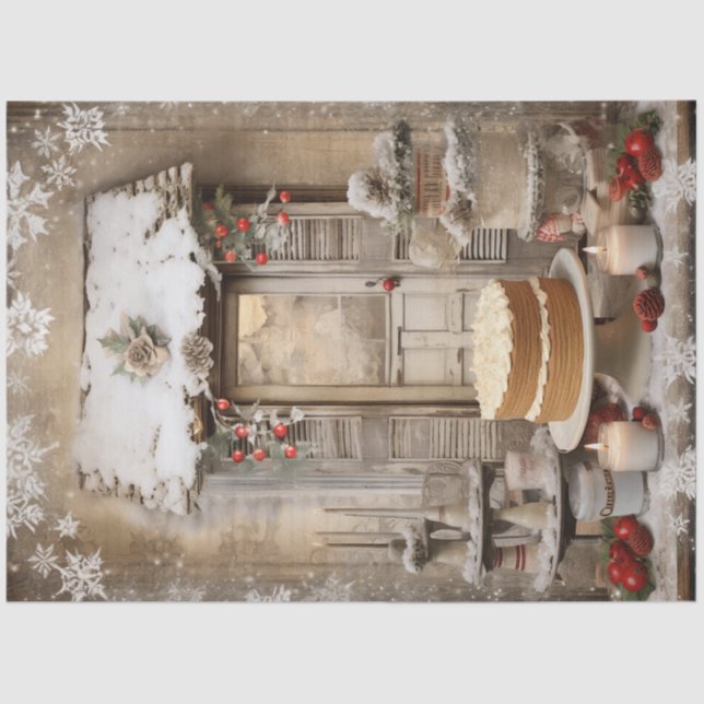 Vintage Snowy Christmas Cake Holiday Decoupage Tissue Paper (Front)