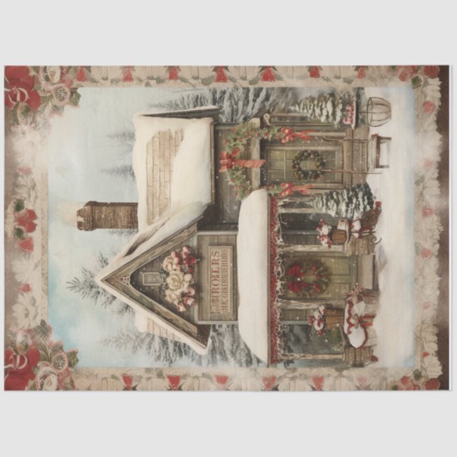 Vintage Snowy Christmas Cottage Holiday Decoupage Tissue Paper (Front)