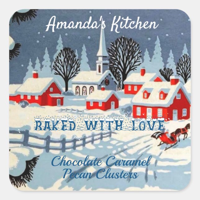 Vintage Snowy Christmas Red Houses, Church Square Sticker (Front)