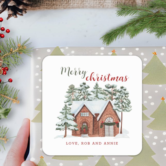 Vintage Snowy Cottage Custom Merry Christmas Square Sticker (Creator Uploaded)
