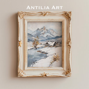 Vintage Snowy Mountain Cabin Landscape Poster