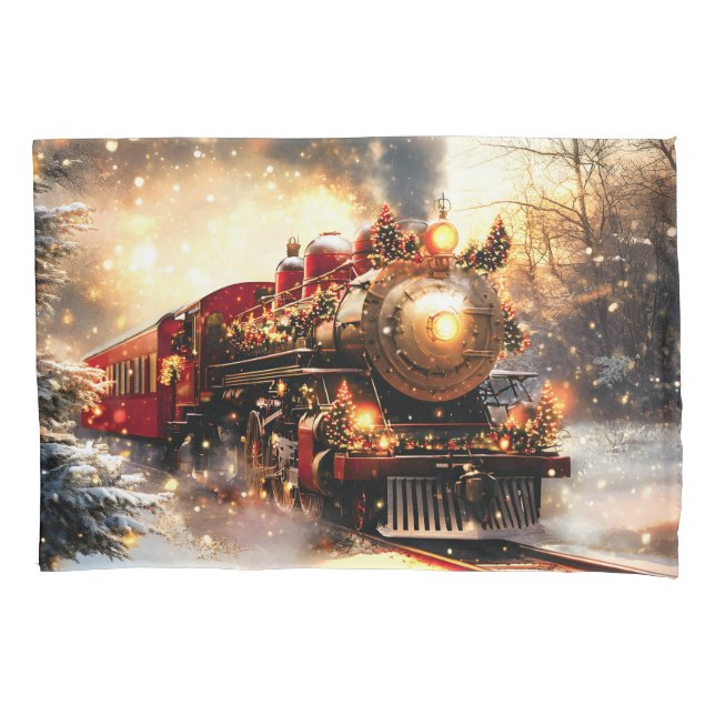 Vintage Snowy Night Christmas Train Express Pillowcase (Front)