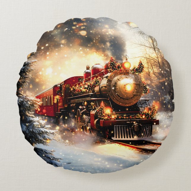 Vintage Snowy Night Christmas Train Express Round Cushion (Front)