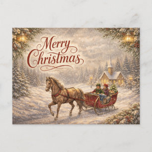 Vintage Snowy Sleigh Ride Merry Christmas Holiday Postcard