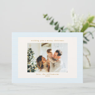 Vintage Soft Blue Stripes Custom Photo Christmas Holiday Card