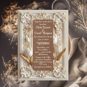 Vintage Soft Ivory Gold Baroque Scrollwork Tulips Invitation