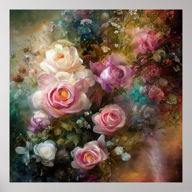 Vintage Soft White And Pink Roses Painted Poster (Front)