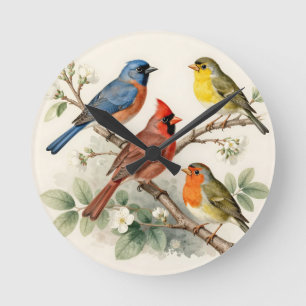 Vintage Songbird Blossom Branch Illustration Round Clock