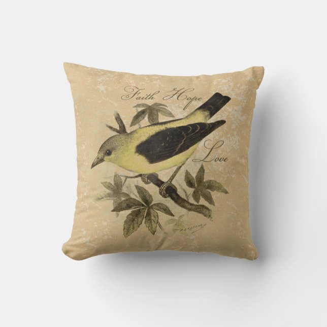 Vintage Songbird Faith Hope Love Throw Pillow (Front)