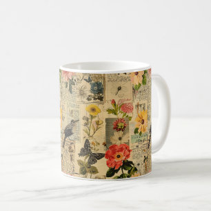 Vintage Songbird Floral Newspaper Collage Coffee Mug