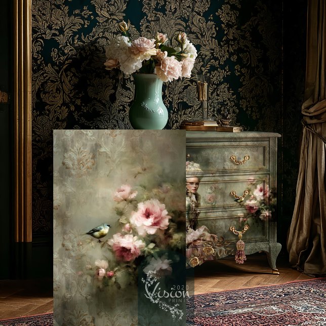 Vintage Songbird Pink Roses Botanical Damask Tissue Paper (Songbird and roses print decoupaged on dresser in luxury baroque interior with gold wallpaper
)