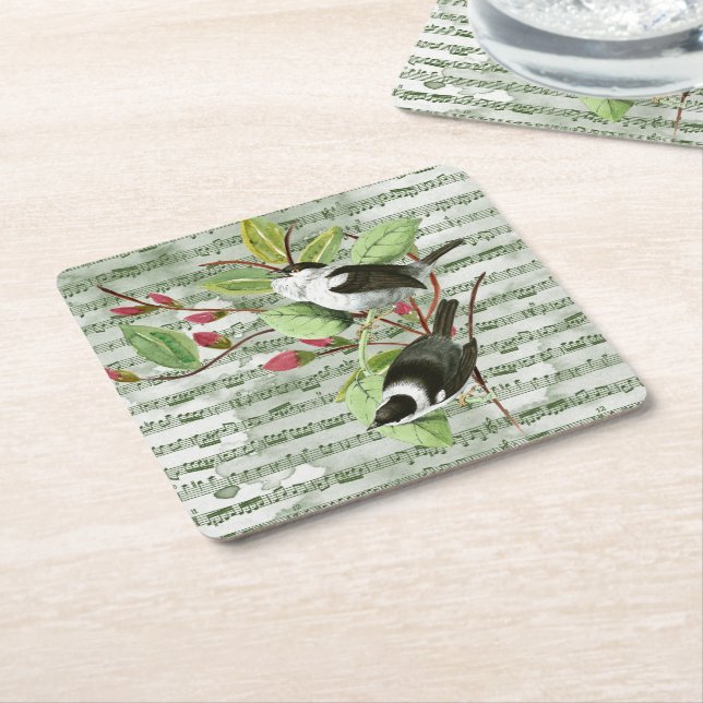 Vintage Songbirds on Sheet Music Square Paper Coaster (Angled)