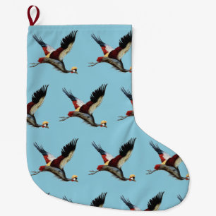 Vintage South African Crowned Crane Flying Art Large Christmas Stocking