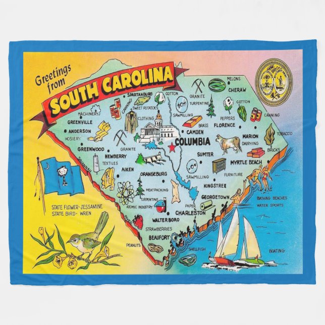 Vintage South Carolina Map Postcard Fleece Blanket (Front (Horizontal))