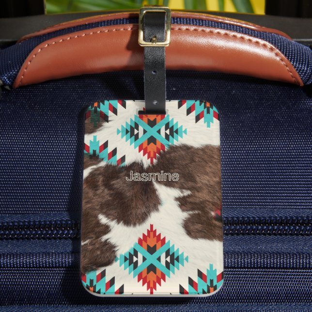 Vintage South Western Cowhide Aztec Pattern Luggage Tag (Front Insitu 2)