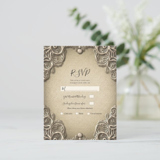 Vintage Southern Charm Burlap Lace Wedding RSVP  Invitation (Standing Front)