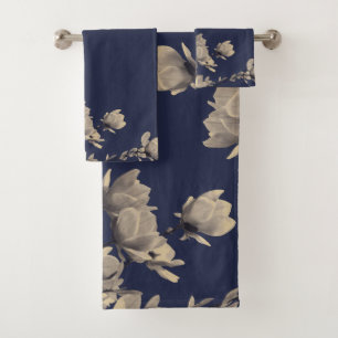 Vintage Southern Grey Magnolias & Midnight Blue Bath Towel Set