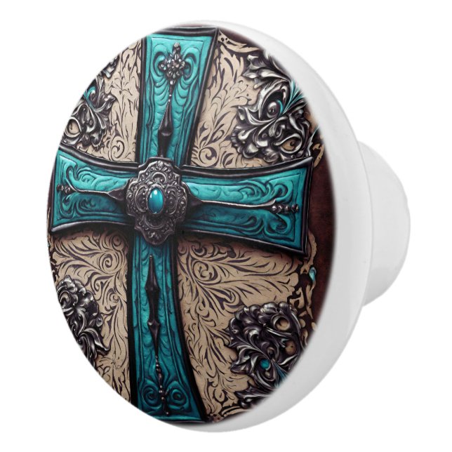 Vintage Southern Turquoise Western Country Cross  Ceramic Knob (Right)