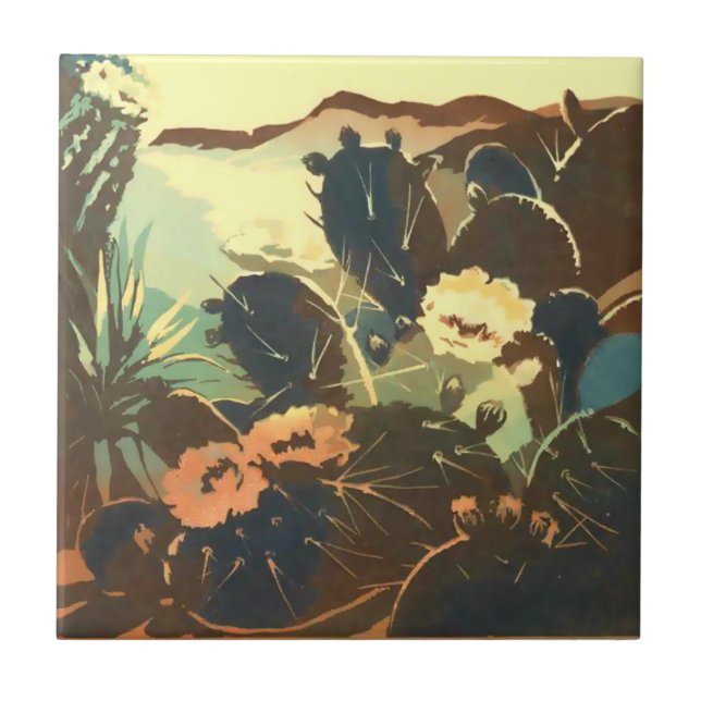 Vintage Southwest Desert Cactus Flowers Tile (Front)
