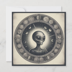 Vintage Space Alien Sci Fi Illustration UFO Card
