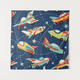 Vintage space cars seamless vintage pattern on dar tapestry