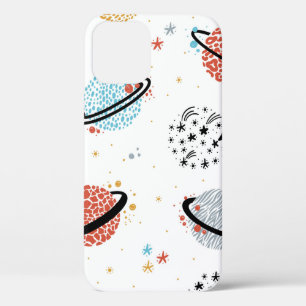 vintage Space Seamless Pattern with Doodle Saturn  iPhone 12 Case