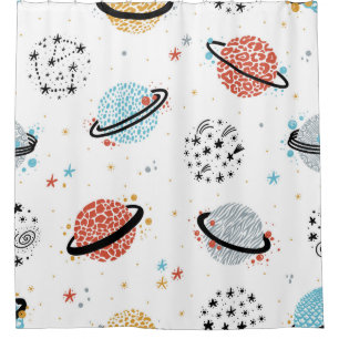 vintage Space Seamless Pattern with Doodle Saturn Shower Curtain