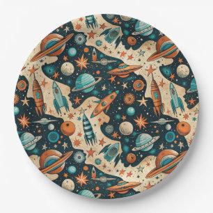 Vintage Spacecraft Rocket Ships Pattern -Cosmos(4) Paper Plate