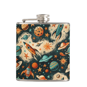 Vintage Spacecraft Rocket Ships Pattern -Cosmos(6) Hip Flask