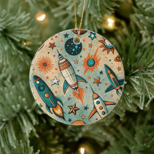 Vintage Spacecraft Rocket Ships Pattern -Cosmos(7) Ceramic Tree Decoration