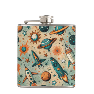 Vintage Spacecraft Rocket Ships Pattern -Cosmos(7) Hip Flask