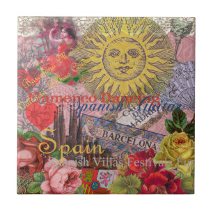 Vintage Spain Sunshine Travel Collage Retro Europe Tile