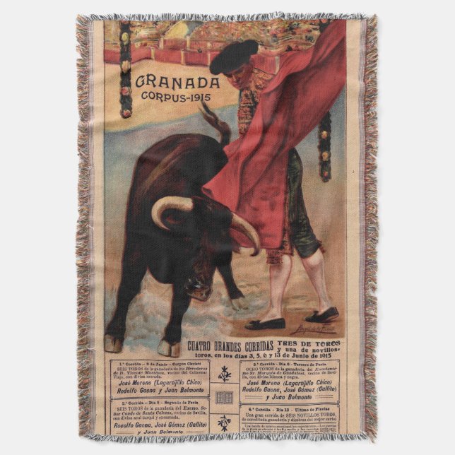 Vintage Spanish Bullfighting Throw Blanket (Front Vertical)