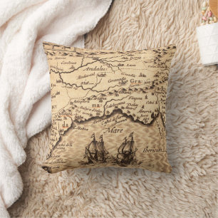 Vintage Spanish Coast Map with Sailing Galleons Cushion