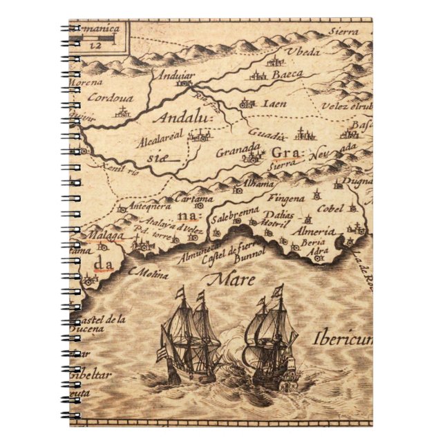 Vintage Spanish Coast Map with Sailing Galleons Notebook (Front)