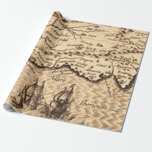 Vintage Spanish Coast Map with Sailing Galleons Wrapping Paper