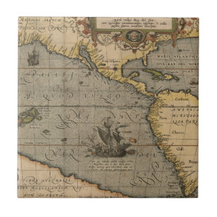 Vintage Spanish Galleon on an Old Pacific Map Tile