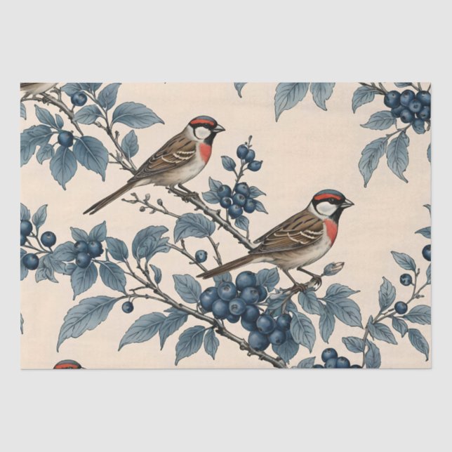 Vintage Sparrows and Blueberries Decoupage Tissue Paper (Front)