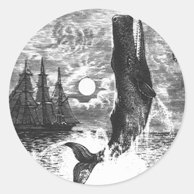 Vintage Sperm Whale Breaching, Marine Life Animals Classic Round Sticker (Front)