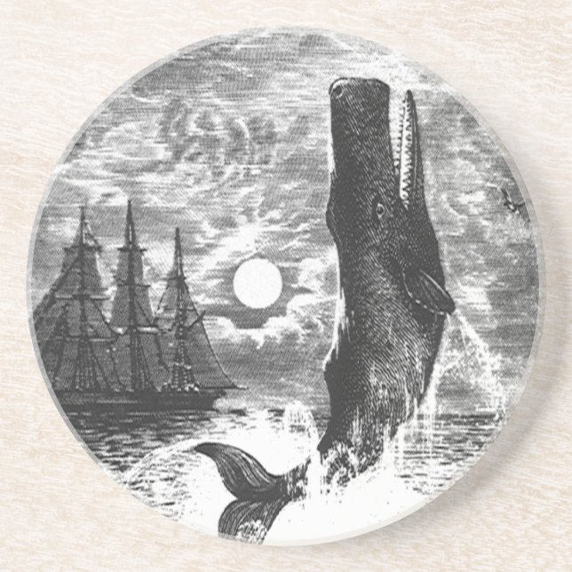 Vintage Sperm Whale Breaching, Marine Life Animals Coaster (Front)