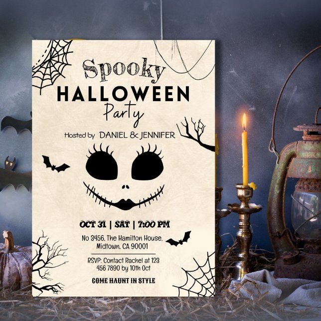 Vintage spider webs bats skull face Halloween Invitation (Creator Uploaded)