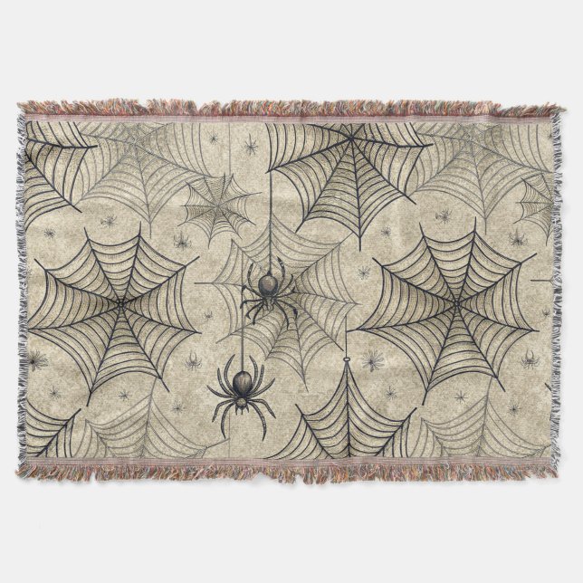 Vintage Spiders and Webs Halloween Pattern Throw Blanket (Front)