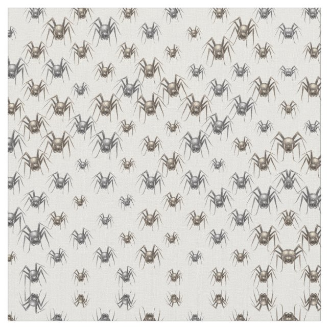 Vintage Spiders Creepy White Grey Funny Pattern Fabric (Close Up)
